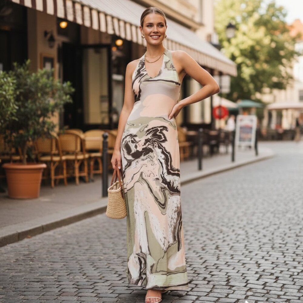 NWT Sovere Molten Maxi Dress in Green Pink